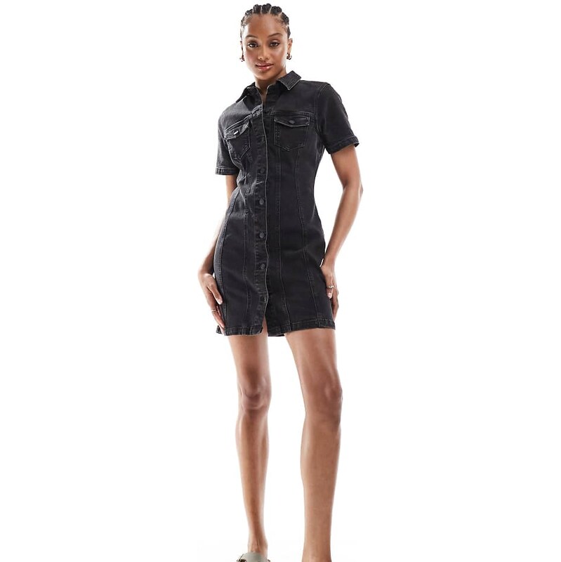 ASOS Tall ASOS DESIGN Tall denim fitted shirt mini dress in wash black 115510198