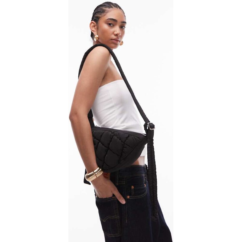 Topshop Callie scoop quilted nylon cross body bag in black