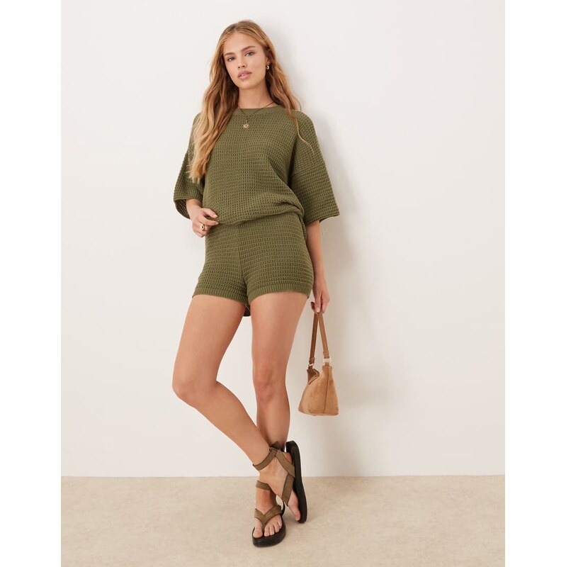 ASOS DESIGN co-ord mock crochet knitted short in khaki-Green