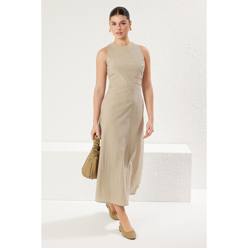 Trendyol Dark Beige A Cut Back Detail Midi Woven Dress