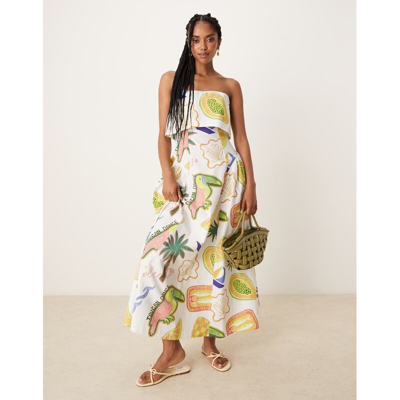 ASOS DESIGN fold over bandeau midi dress with godets in tropical