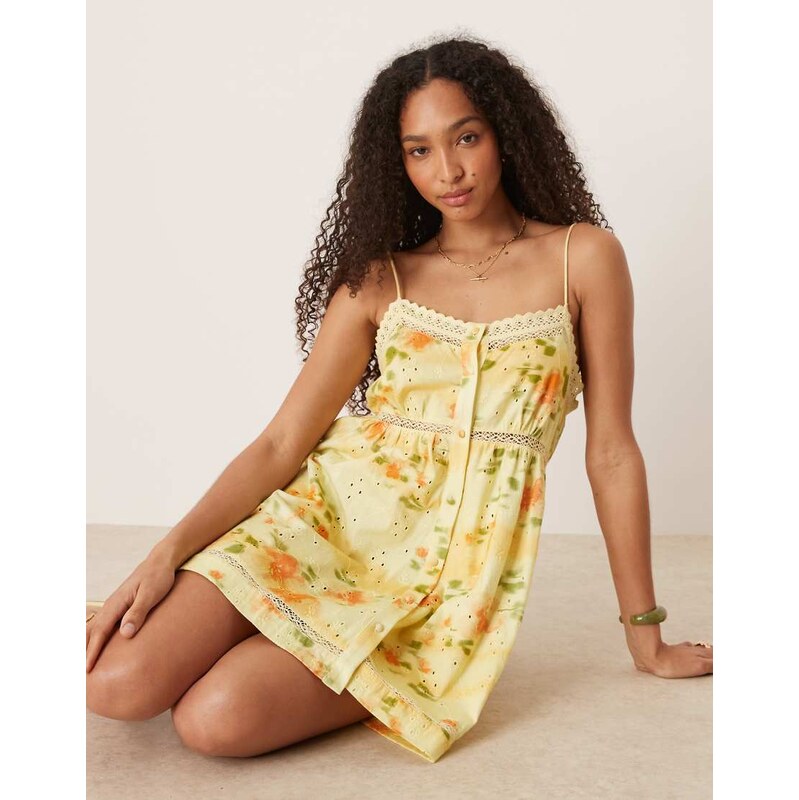 ASOS DESIGN broderie cami button through mini dress in patchwork