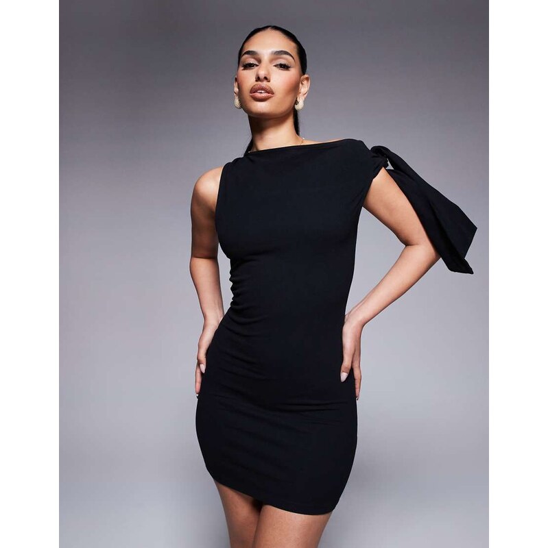 ASOS DESIGN one shoulder tie knot detail mini dress in black