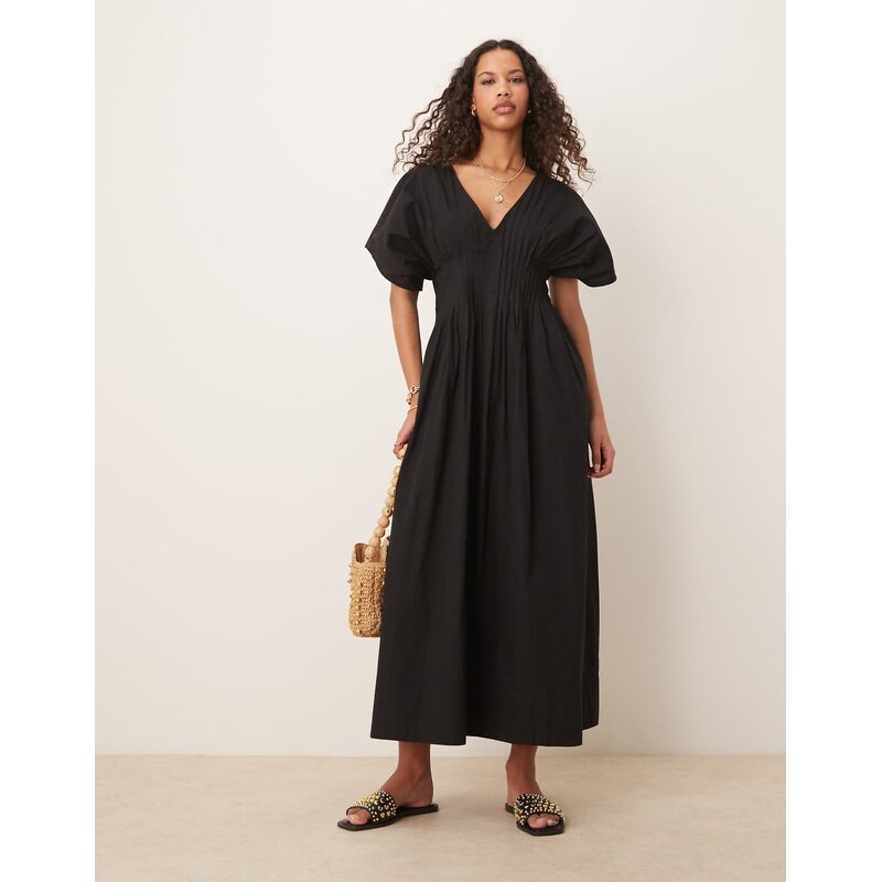 ASOS DESIGN v neck short sleeve midi dress with narrow pintucks