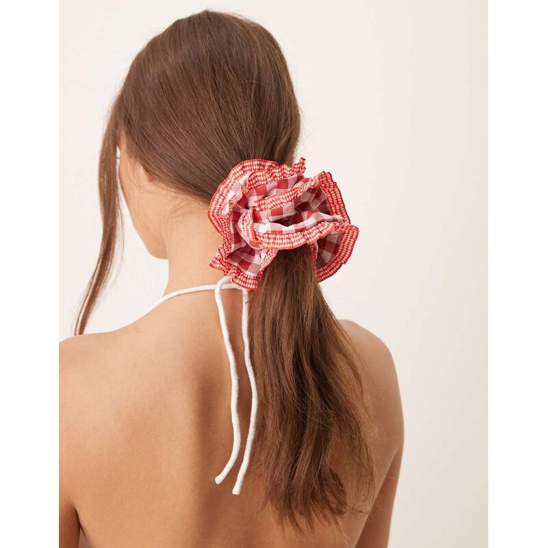 ASOS DESIGN gingham checked layered scrunchie with frill detail in red 105932915