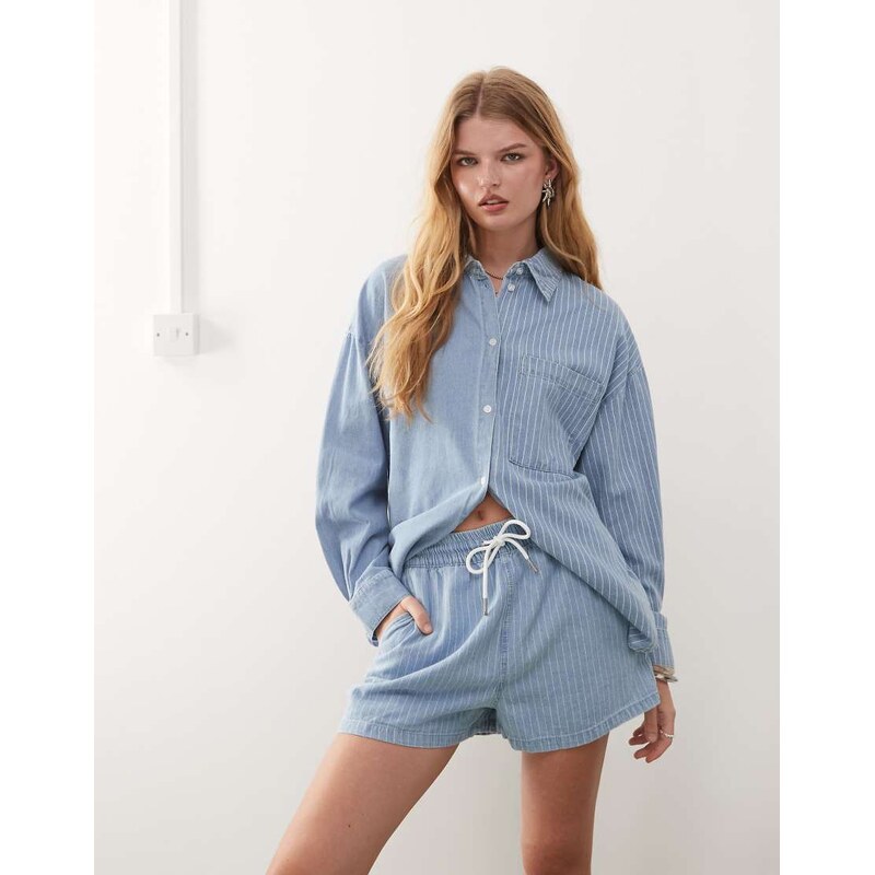 Noisy May Nosy May pull on denim short co-ord in light blue stripe 105903505