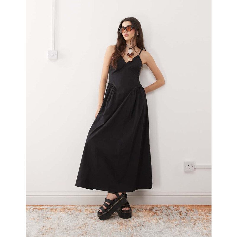Reclaimed Vintage midi summer dress with hip seam details in black 114220755