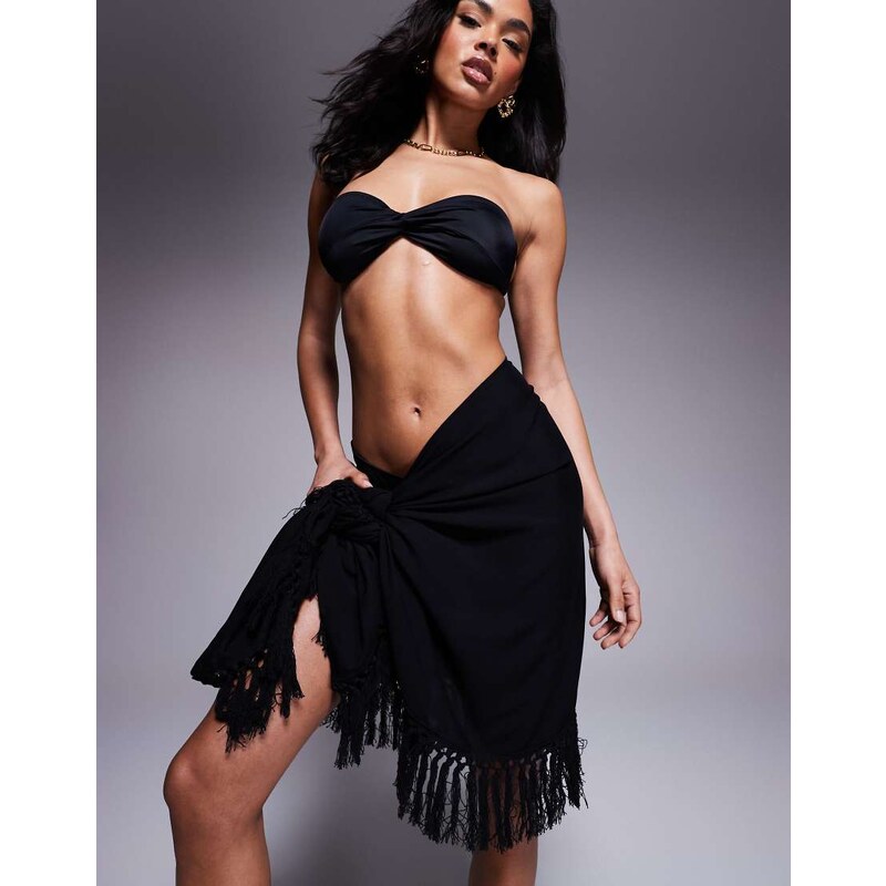 ASOS DESIGN beach sarong with fringing in black 105903559