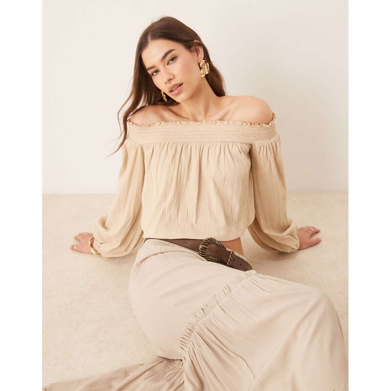 ASOS DESIGN crinkle off shoulder balloon sleeve top in stone-Neutral