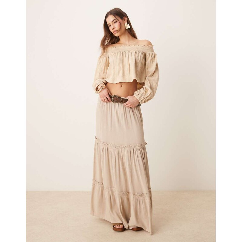 ASOS DESIGN crinkle off shoulder balloon sleeve top in stone-Neutral