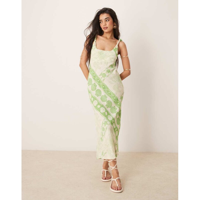 ASOS DESIGN linen look twist strap bias maxi sundress in tile
