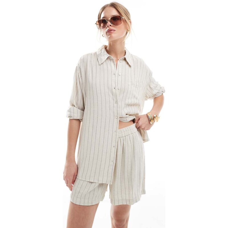 Pieces linen touch shirt co-ord in birch cream and black stripe