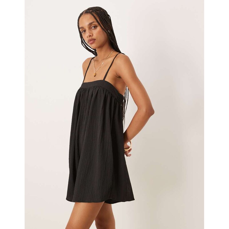 ASOS DESIGN skinny strap micro bust textured playsuit in black-Multi 109829199