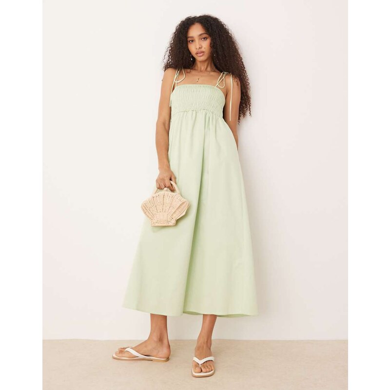 ASOS DESIGN shirred bust cotton poplin midi dress in sage-Green