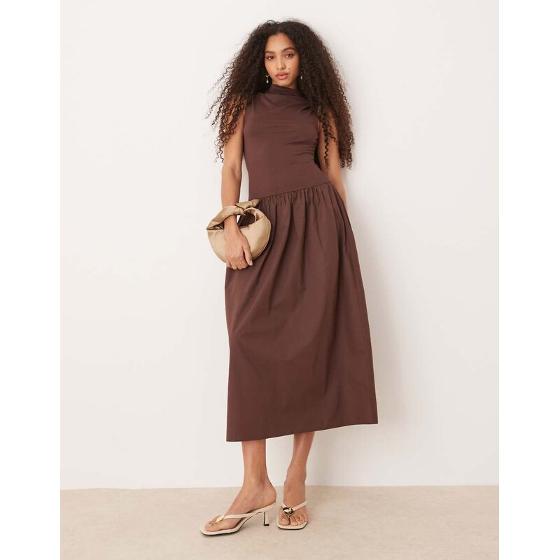 ASOS DESIGN grown on neck maxi dress with poplin mix skirt in brown 105903701