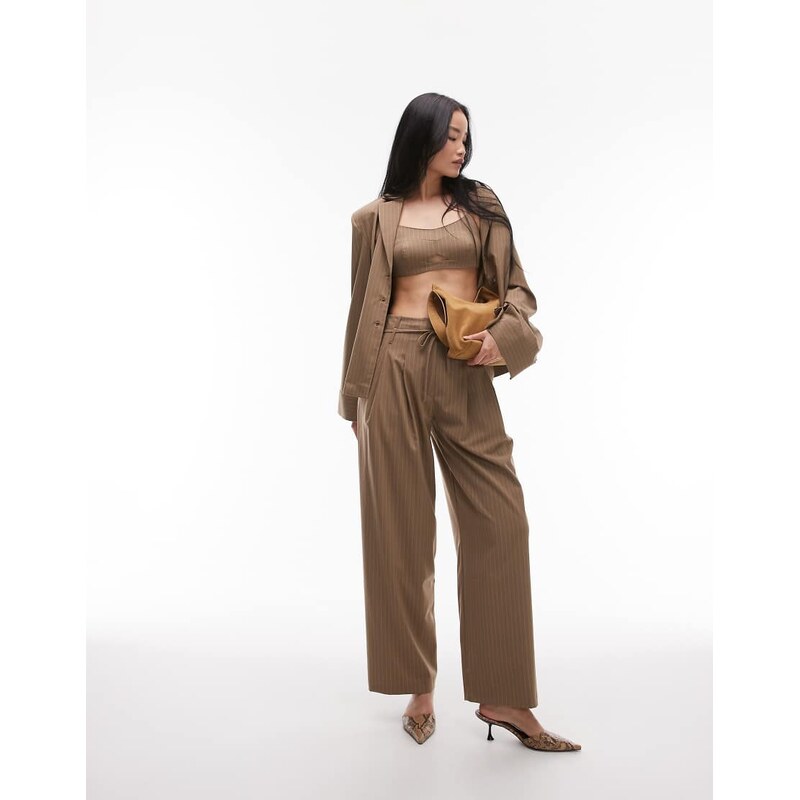 ASOS DESIGN wide leg pleated trouser in camel pinstripe-Blue 109566852