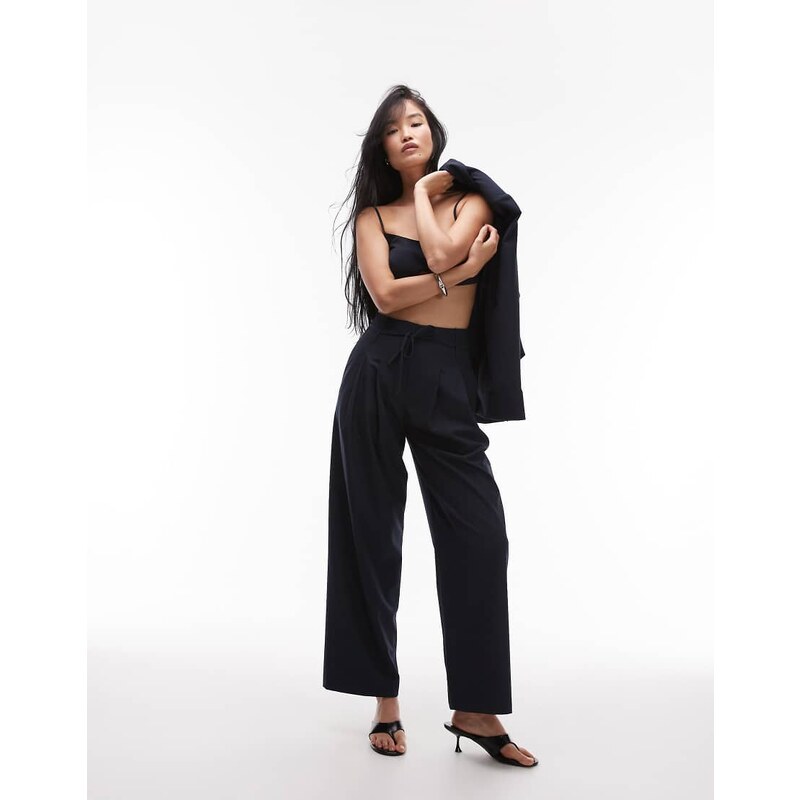 ASOS DESIGN wide leg pleated trouser in navy pinstripe-Multi 107703790