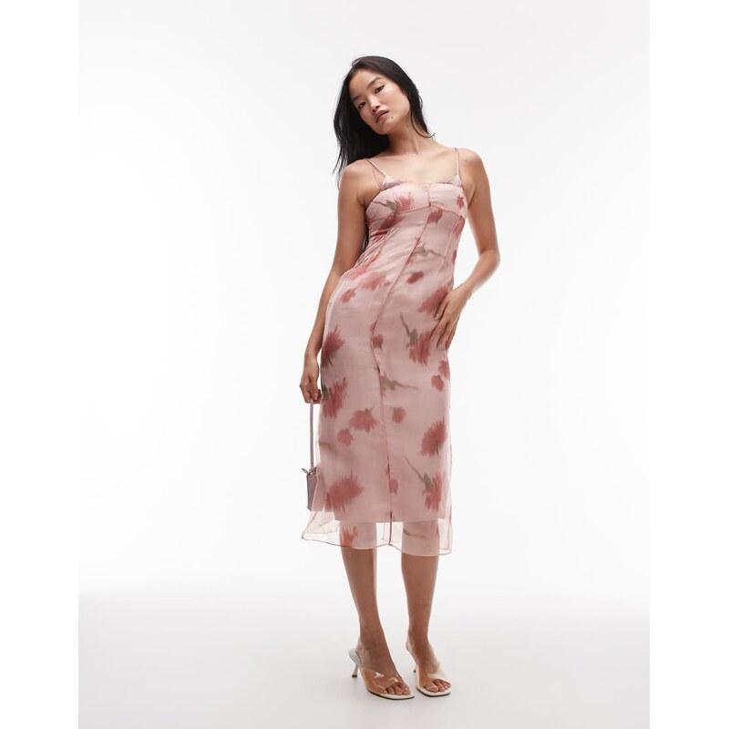 Mango double layered v-neck midi dress in pastel pink 105903734