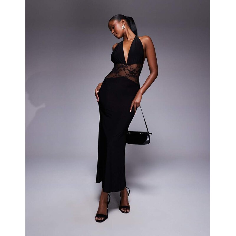 ASOS DESIGN plunge with lace panel maxi dress in black