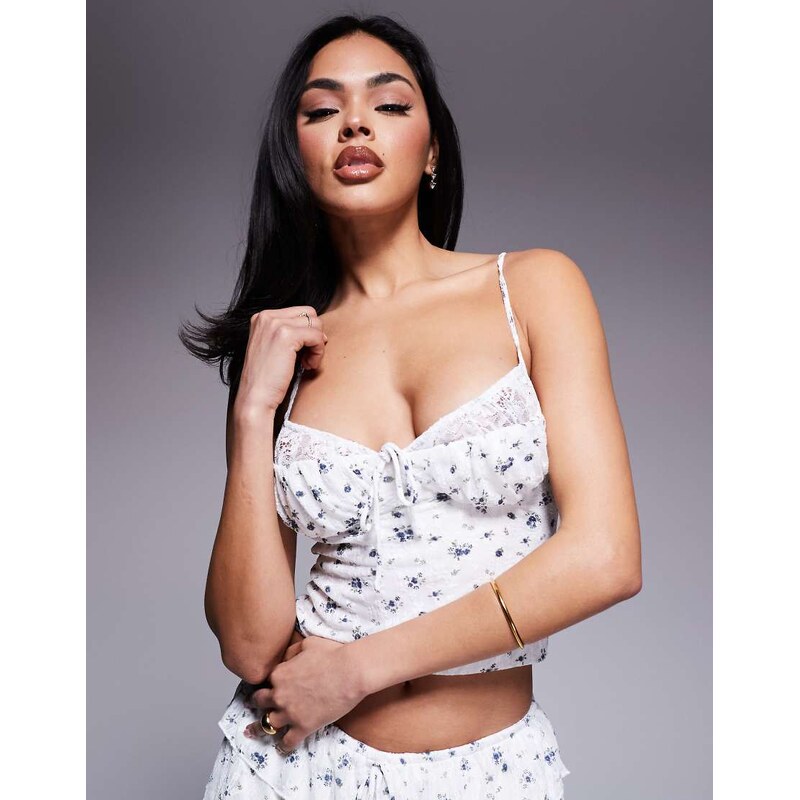 Love Triangle lace trim corset cami top co-ord in white and blue 105903798