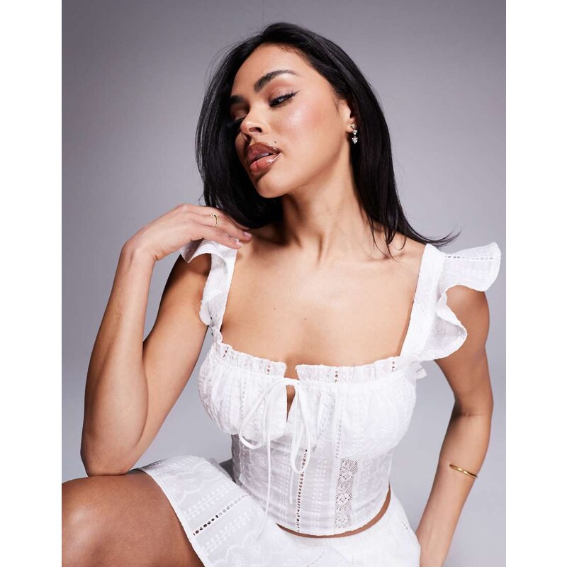 Love Triangle broderie milkmaid crop top co-ord in white 105903873