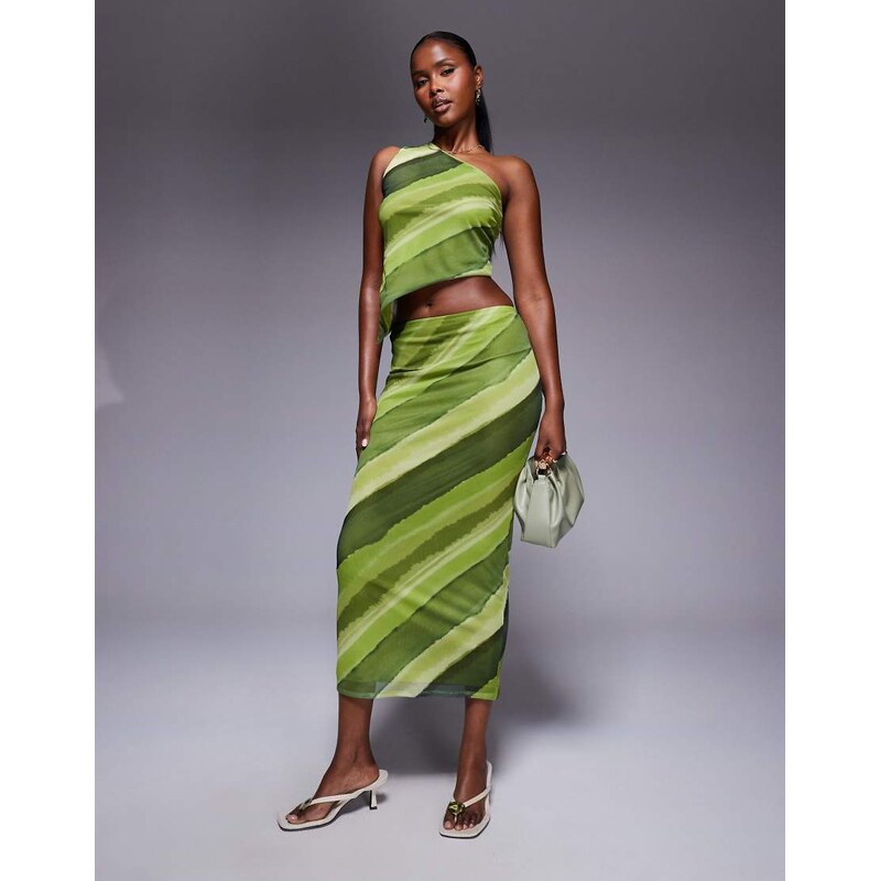 ASOS DESIGN co-ord mesh midi skirt in green abstract print-Multi 106246454