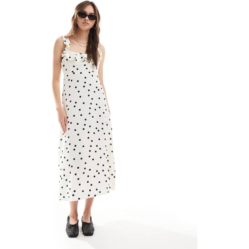 New Look ruffle sleeve cami midi dress in cream polka dot-White