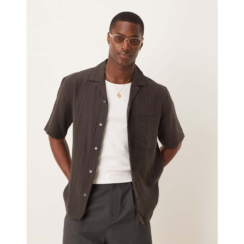 Mango relaxed cotton textured short sleeve shirt in chocolate