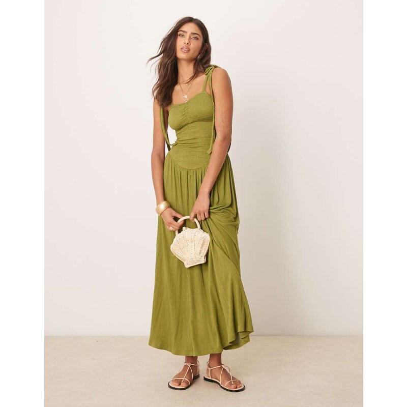 ASOS DESIGN crinkle shirred bodice tie cami strap midi sundress