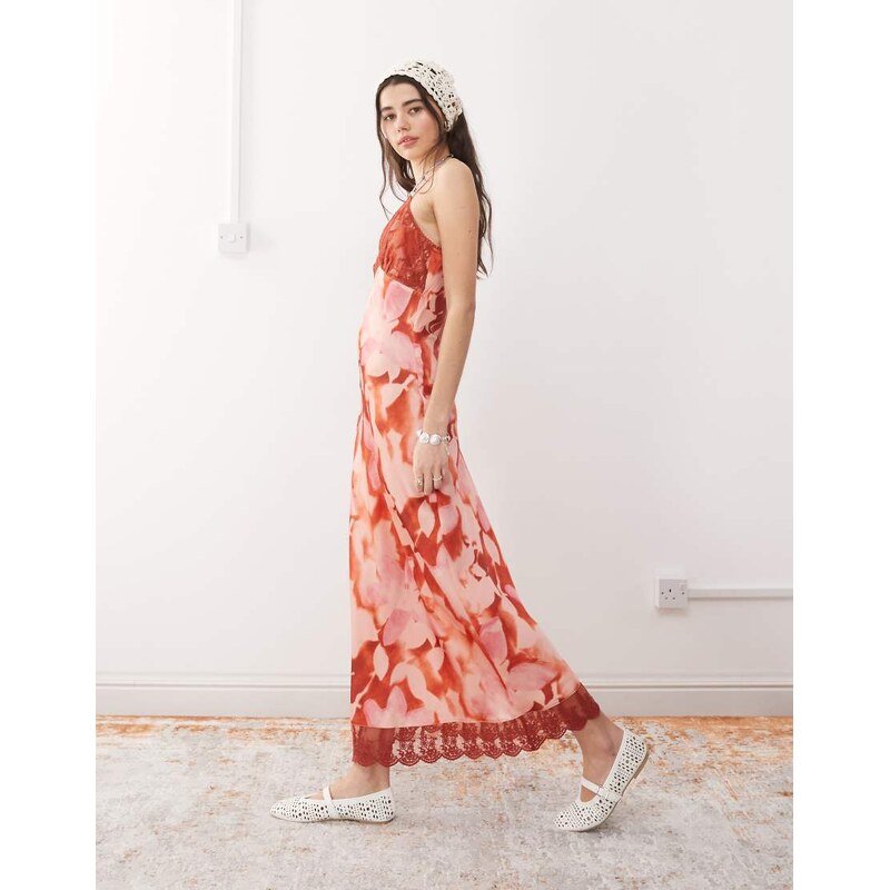 Reclaimed Vintage maxi cami slip dress with lace trims in red floral 105985537