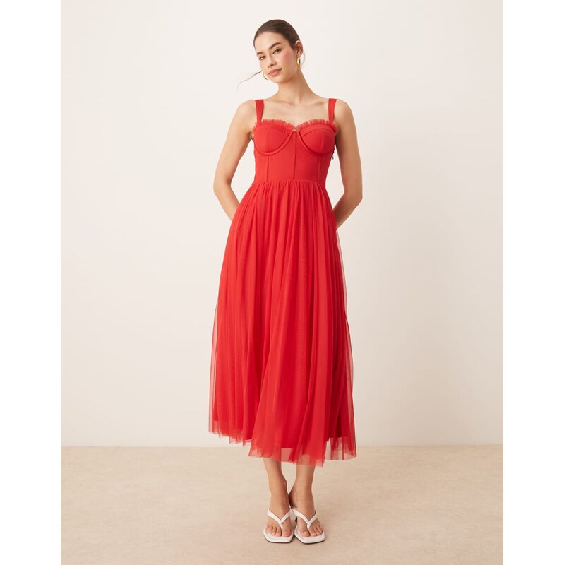 Lace & Beads tulle corset midi dress in red