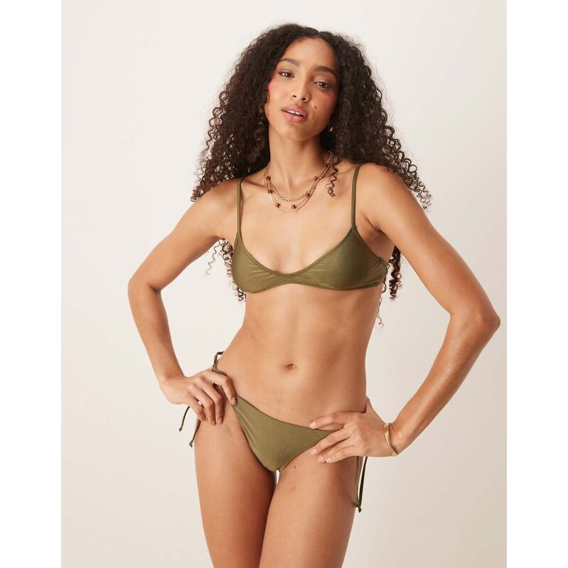 Mango tie side bikini bottom in olive green 105906962