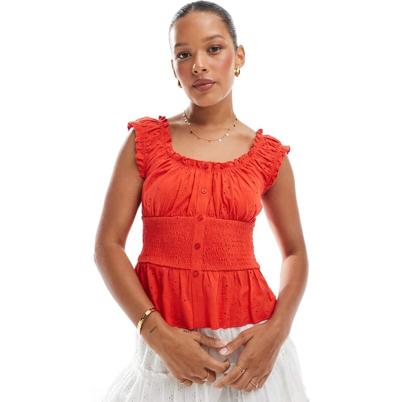 ASOS DESIGN broderie button through milkmaid top in red