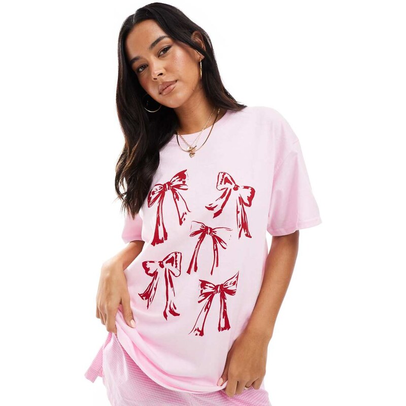 Miss Selfridge bow print oversized t-shirt in pink 115735049