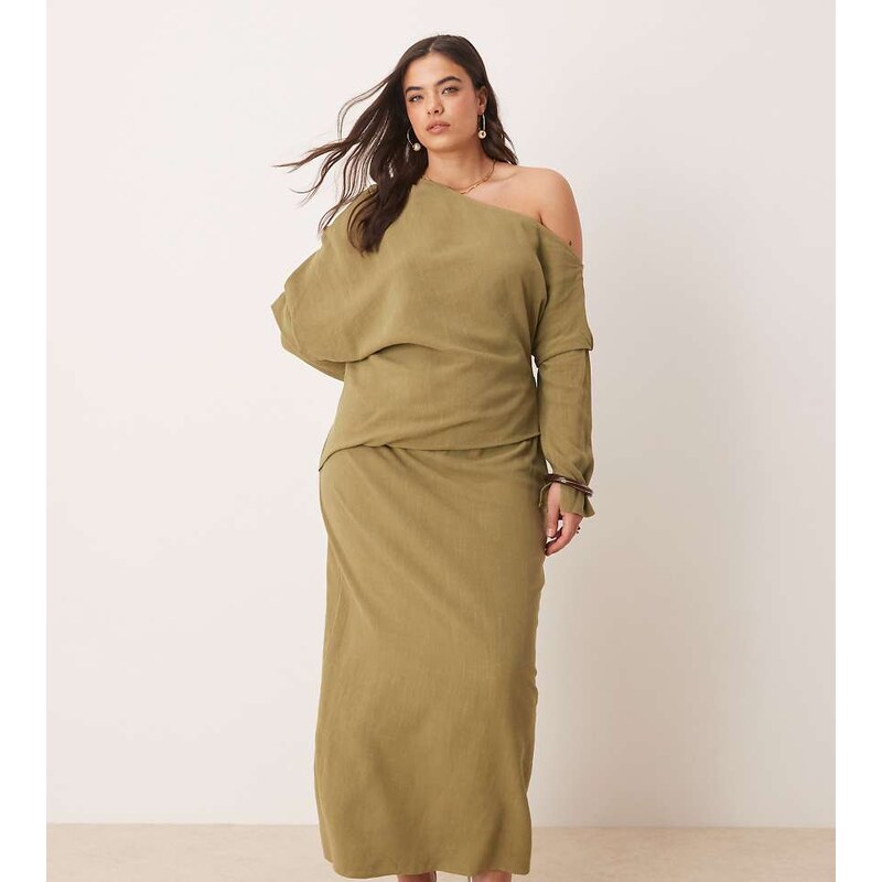 ASOS Curve ASOS DESIGN Curve linen asym fallen shoulder long sleeve 106253253