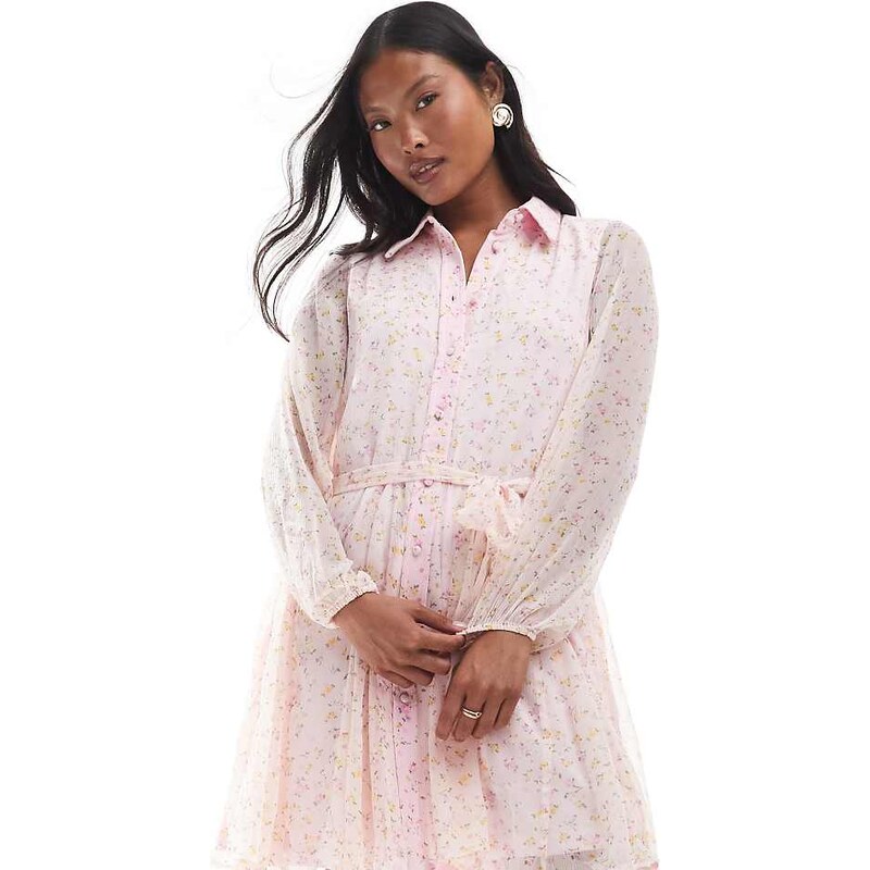 Vero Moda Petite Smilla flippy belted shirt dress in pink ditsy floral 105924129