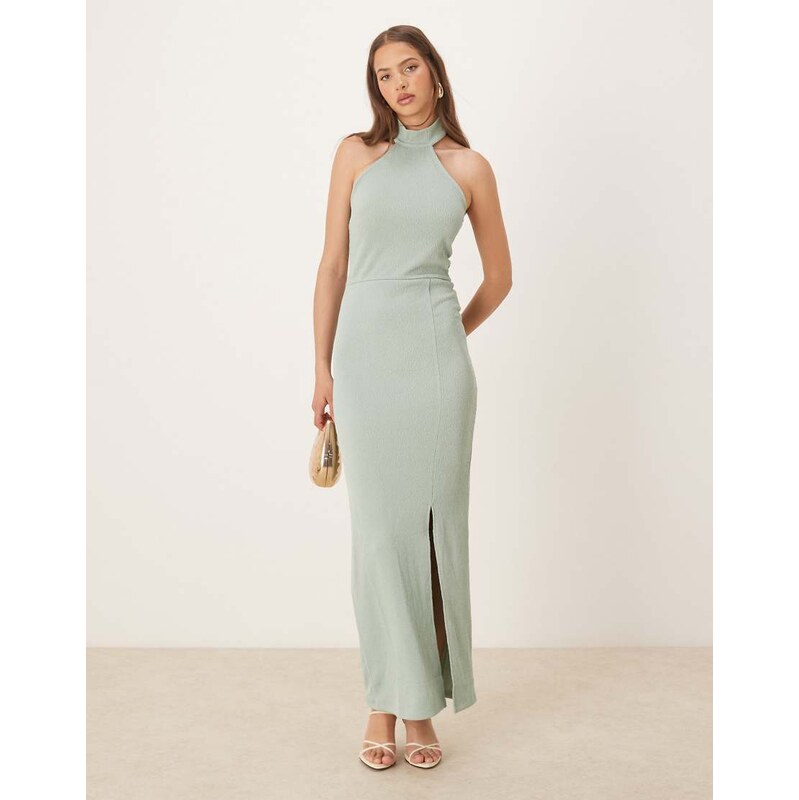 Vila textured jersey halter maxi dress in dusty green
