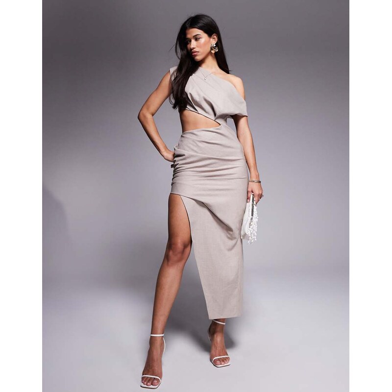 ASOS DESIGN structured fallen shoulder fauxord midi dress in