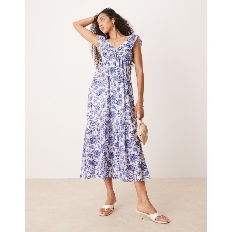 Mango ruffle sleeve midi dress in blue botanical print 105924158