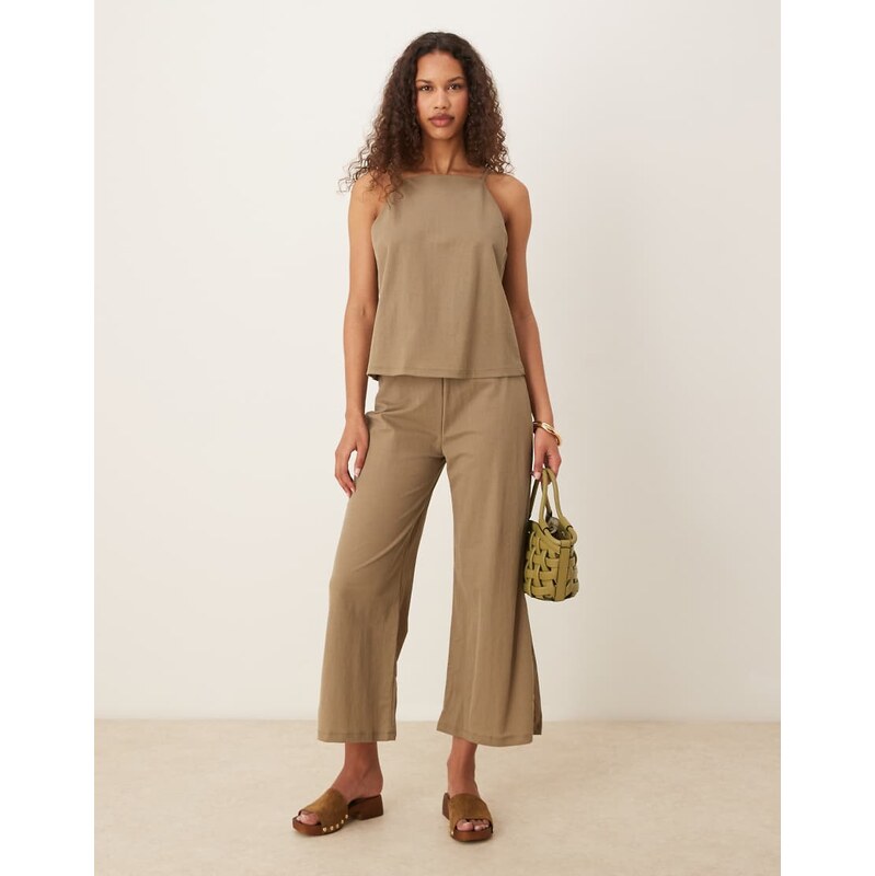Mango linen mix elasticated waist wide leg trouser co-ord in beige 105925371