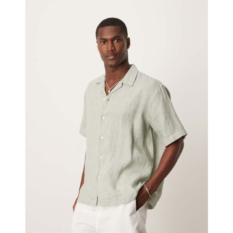 Selected 100% linen revere collar shirt in green