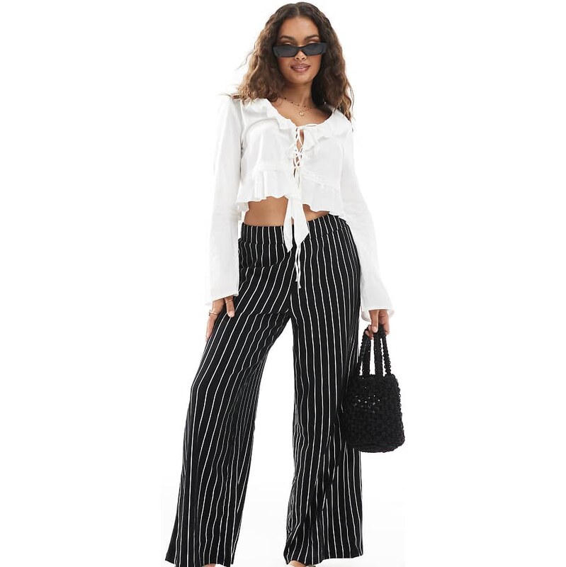 ONLY Petite wide leg textured trouser in black stripe 108060895