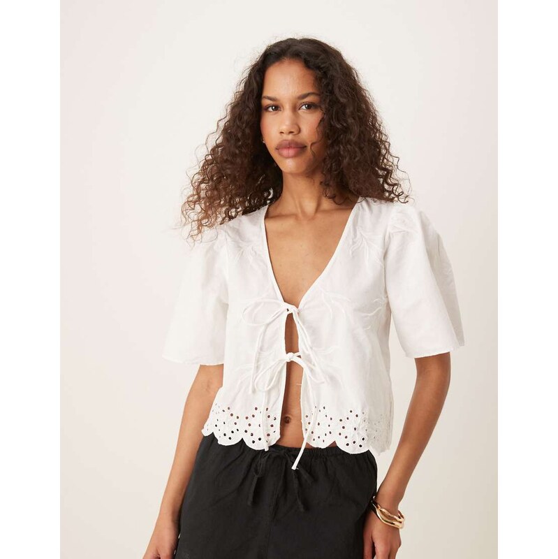 JDY tie front broderie cropped blouse in white