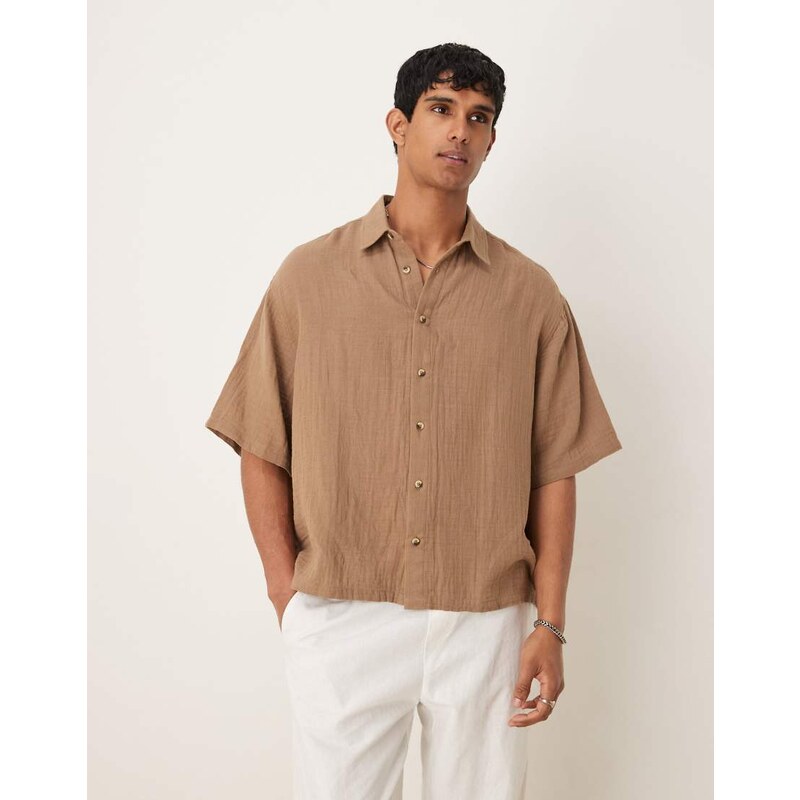 ASOS DESIGN cheesecloth textured regular shirt in brown