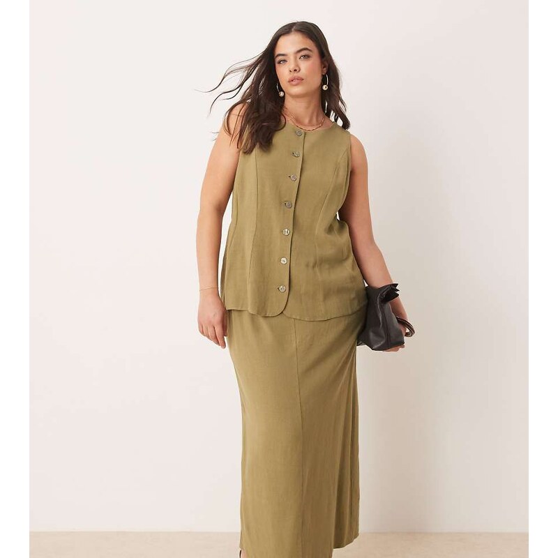 ASOS Curve ASOS DESIGN Curve linen waistcoat detail midi dress in 106266346