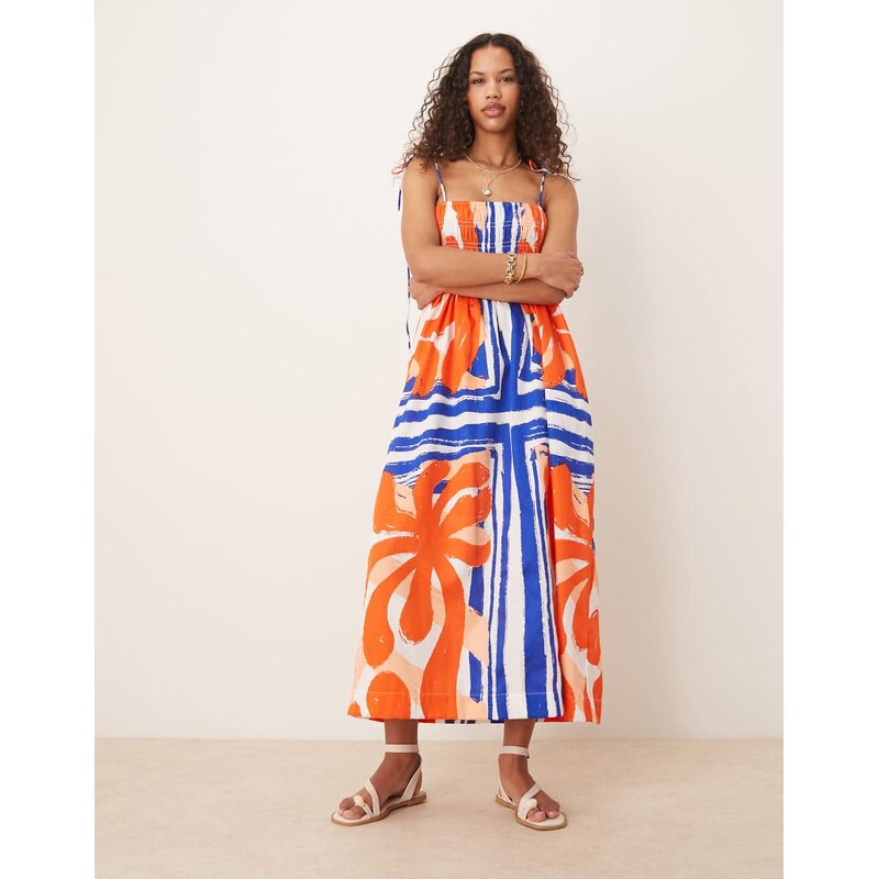 ASOS DESIGN shirred bust cotton sateen maxi dress in red and