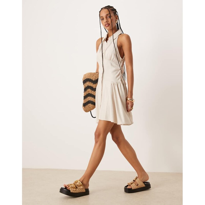 ASOS DESIGN sleeveless shirt mini dress in oat linen-Neutral