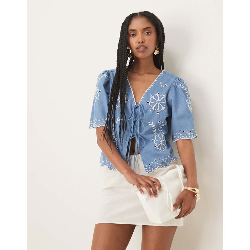 Nobodys Child tie-detail embroidered denim top in vintage wash