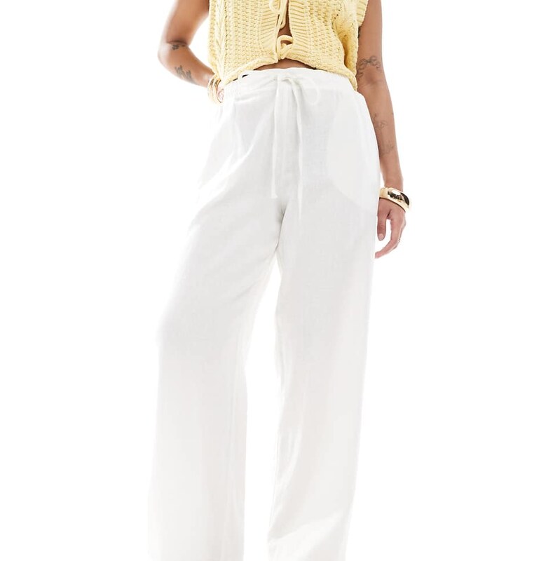 New Look Petite linen wide leg trousers in white