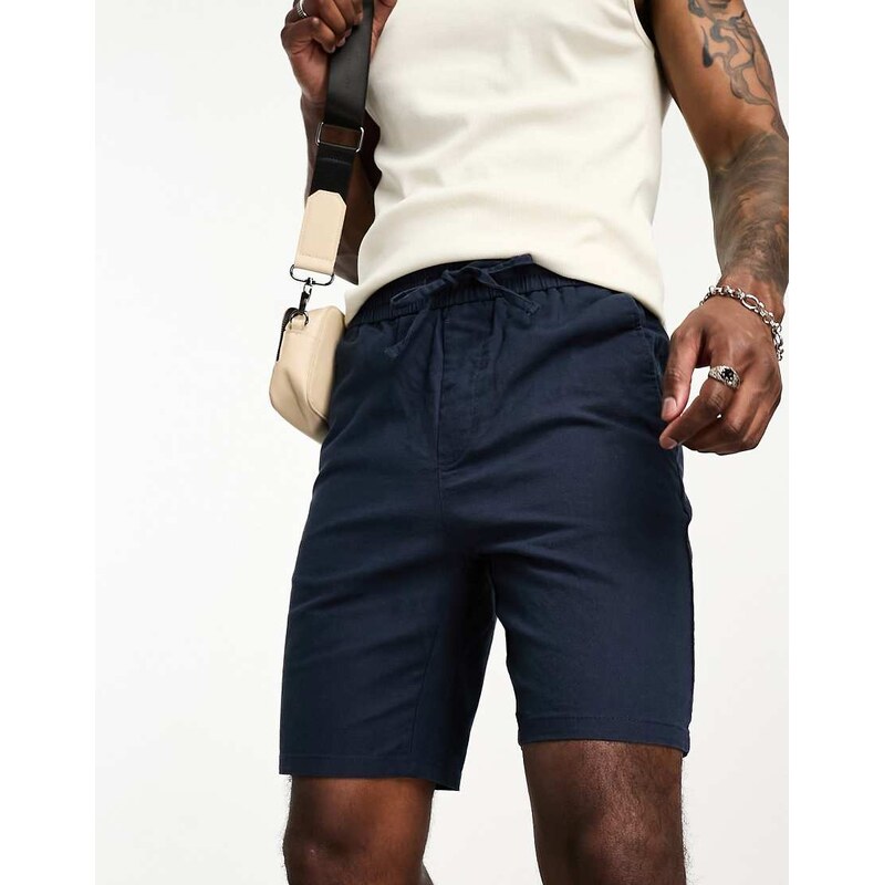 ONLY & SONS linen mix tie waist shorts in navy
